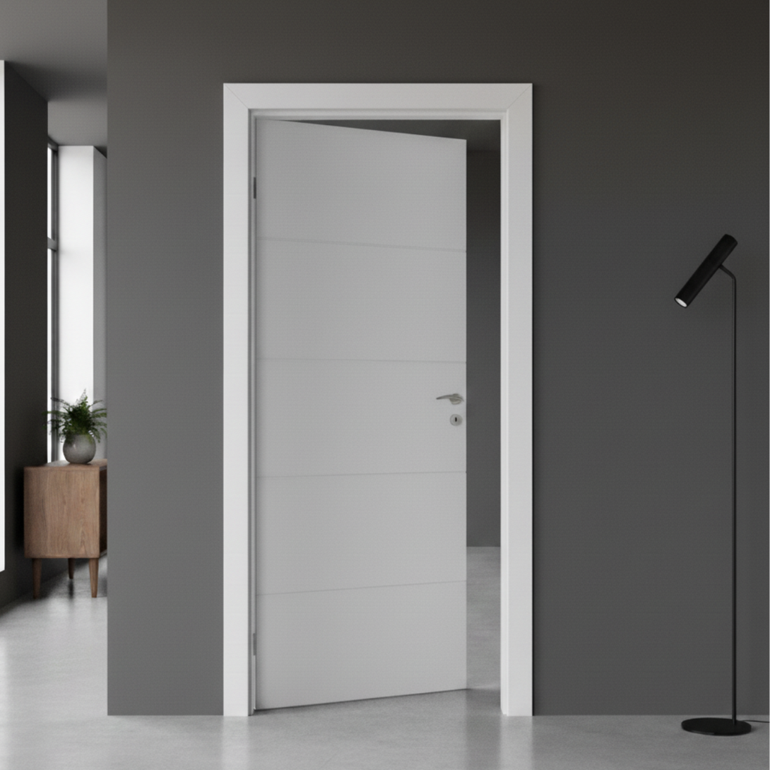 Modern interior door in a minimalistic room with gray walls and a black floor lamp.
