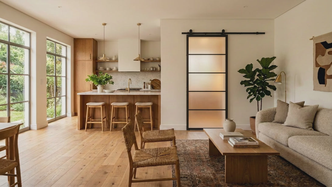 Video: Crittall-style black steel barn door sliding open to reveal a sunlit modern kitchen